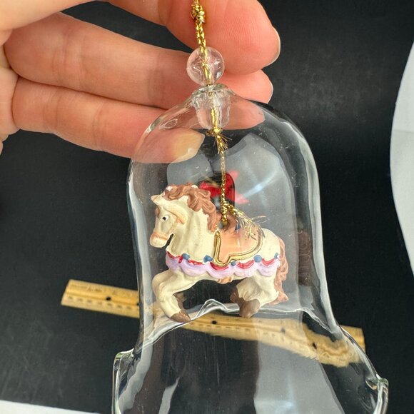 Vtg 2 Carrousel Bell Ornaments Bell Decorative Clear Glass 1 w Orig Box READ - Picture 7 of 11